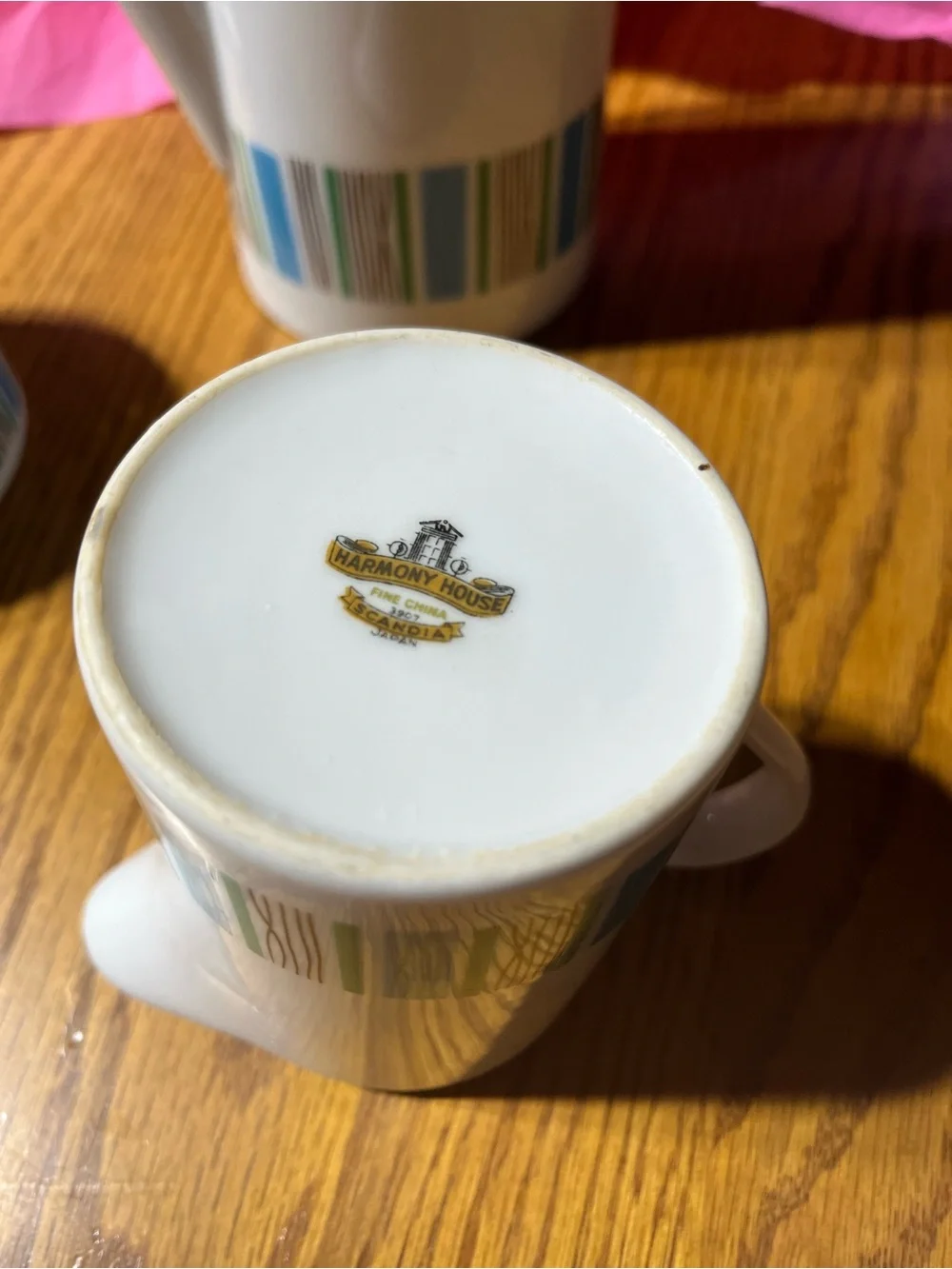 White Ceramic Coffee Set with Blue & Green Stripe Accent. MCM